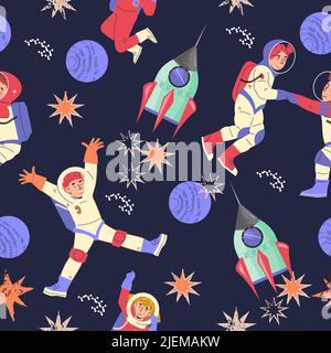 Space endless seamless background or pattern design with stars and kids astronauts. Colorful repeatable design with children in space, flat vector ill Stock Vector