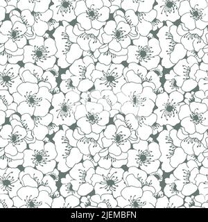 Stylized apple tree flowers line art seamless pattern. Summer vector flowers pattern. Stock Vector