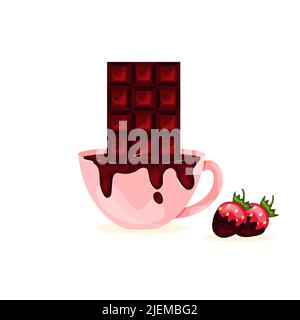 Porcelain Hot Chocolate Cup with Chocolate Bar and Strawberries in Chocolate Concept Coffee Shop Stock Vector