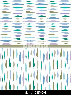 Ethnic ornamental seamless patterns, set of 2. Hand drawn doodle ink organic shapes, leaves spot. Blue green tones colors. Geometrical grid surface Stock Vector