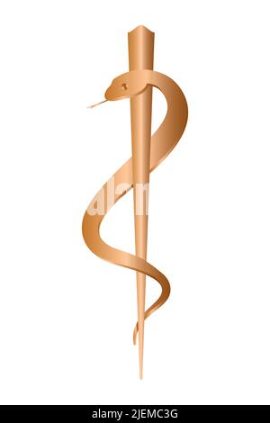 Rod of Asclepius pharmacy icon isolated on white. Symbol for drugstore or medicine, pharmacy snake symbol. Metallic copper design style. Vector Illust Stock Vector