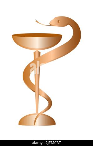 Bowl of Hygeia icon isolated on white background. Snake and a bowl pharmacy icon. Symbol of pharmacy, medicine, pharmacy and hospital. Metallic Copper Stock Vector