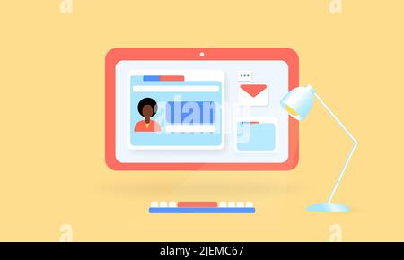Work place with computer screen with web windows. 3d vector illustration. Office desk, computer, keyboard, lamp. Online search. Stock Vector