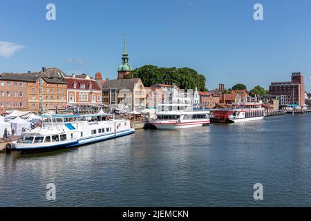 pleasure boats in the city of Kappeln in Schleswig-Holstein, Germany Stock Photo