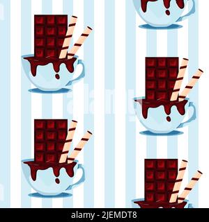 Cup of Hot Chocolate with Crunchy Chocolate Tubes Seamless Pattern Stock Vector