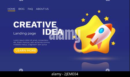 Rocket space startup, creative idea cover, landing page web site, Vector illustration  Stock Vector