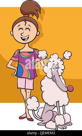 Cartoon illustration of teen girl with poodle dog character Stock Vector