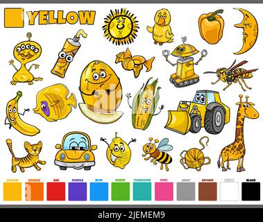 Cartoon illustration set with comic characters such as people and animals or objects in yellow Stock Vector