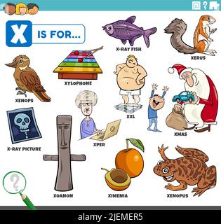 educational cartoon illustration for children with comic characters and objects set for letter X Stock Vector