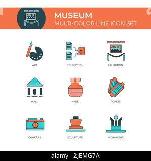 Museum Multi-Color Line Icon Set Customized Stroke Stock Vector