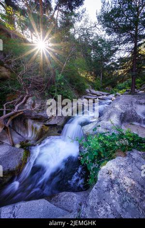 Small stream between rocks with sunlight coming out between the trees. Stock Photo