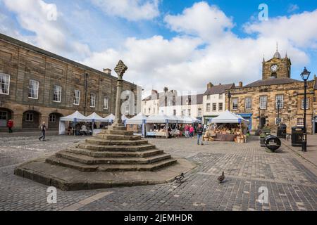 Alnwick Northumberland, view in summer of Market Place in the centre of historic Alnwick, a popular Northumbrian market town, England, UK Stock Photo