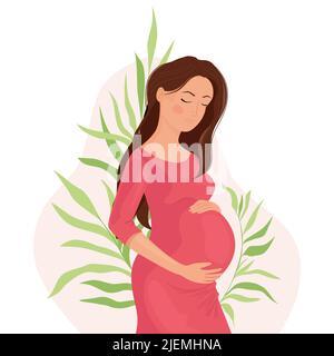 Happy pregnant woman holding her belly on a background with leaves, the birth of life. Pregnancy and motherhood. Happy pregnancy. cartoon vector illus Stock Vector