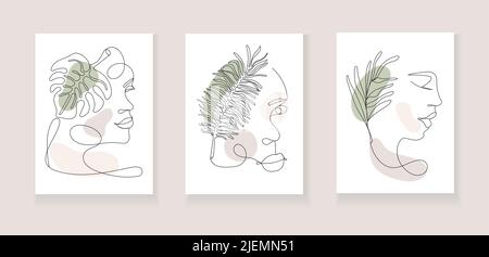 Boho women face vector. Surreal portrait, girl face with palm leaf in continuous line style. Creative floral, botanical abstract picture, minimalist a Stock Vector