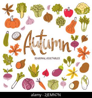 Seasonal vegetables background. Autumn vegetables composition made of colorful hand-drawn vector icons, isolated on white background. Stock Vector