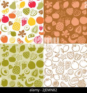 Autumn seasonal fruits seamless pattern collection. Isolated fruits on white background. Colorful, flat silhouette and doodle style. Vector illustrati Stock Vector