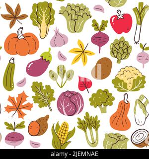 Colorful autumn seasonal vegetables seamless pattern. Isolated vegetables on white background. Vector illustration. Stock Vector