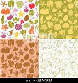 Autumn seasonal vegetables seamless pattern collection. Colorful, flat silhouette and doodle style. Isolated vegetables on white background. Vector il Stock Vector