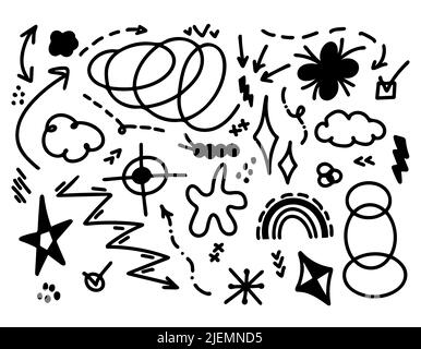 Fun minimalist doodles for old school vibe. Y2k trending filler elements set. Weird hand drawn sketch lines and arrows. Stock Vector