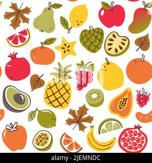 Colorful autumn seasonal fruits seamless pattern. Isolated fruits on white background. Vector illustration. Stock Vector