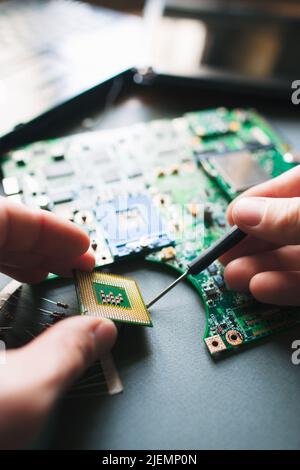 Analysis (installing) of processor in CPU socket Stock Photo