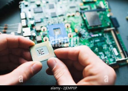 Analysis (installing) of processor in CPU socket Stock Photo