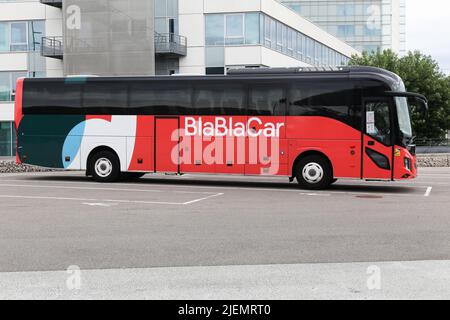 Colombier-Saugnieu, France - August 2, 2021: BblaBlaCar Bus, formerly BlaBlaBus is a network of long-distance coach lines in France and Europe Stock Photo
