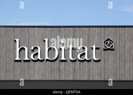 Villefranche, France - April 9, 2022: Habitat logo on a wall. Habitat is a retailer of household furnishings in Europe Stock Photo