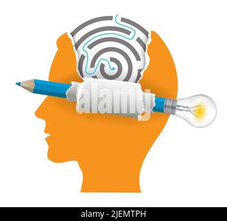 Man head silhouette and solved labyrinth, smart solution concept.  Illustration of Stylized torn paper head silhouette with maze and pencil with bulb. Stock Vector