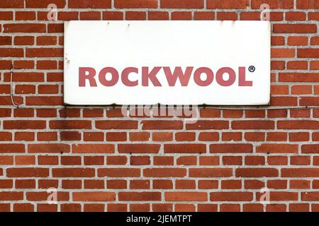 Nykobing, Denmark - June 12, 2016: Rockwool sign on a wall. Rockwool, a danish company, is the leader in energy efficient building solutions Stock Photo