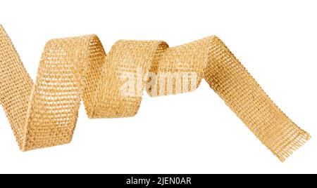 Spiral burlap fabric ribbon, sackcloth piece of linen jute isolated over White background Stock Photo