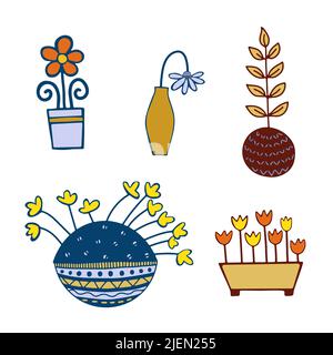 Set of flowers in vase and flowerpot. Stock Vector
