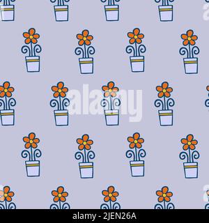 Seamless pattern with flower in flowerpot on lilac background. Stock Vector