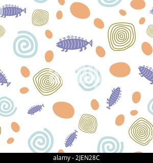 Geometric seamless pattern with cute fishes on white background. Stock Vector