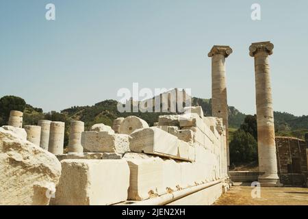 Sardes temple of artemis ruins in trees. Stock Photo