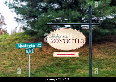 Charlottesville, USA - October 25, 2020: Directions to Monticello, Thomas Jefferson's home sign at entrance sign on road street Stock Photo
