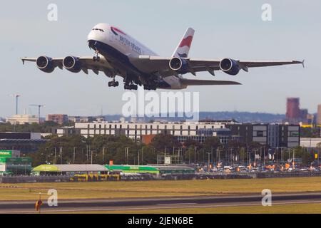 London, UK. 26th June, 2022. A British Airways Airbus A380 is seen taking off from London Heathrow Airport. Hundreds of the flag carrier's ground staff have voted to strike next month over a 10% pay cut imposed during the coronavirus pandemic. (Credit Image: © Tejas Sandhu/SOPA Images via ZUMA Press Wire) Stock Photo