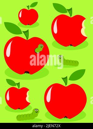 Red juicy glossy apples and green caterpillar feeding on them Stock Vector