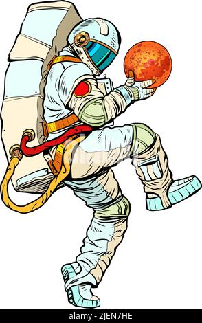 astronaut holding the planet mars in his hands, space business space exploration and science. man in a funny pose Stock Vector