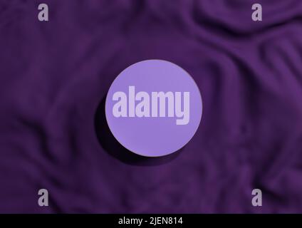 Dark purple, violet 3D rendering minimal product display top view flat lay circle podium or stand with gold line on wavy textile for luxury cosmetic p Stock Photo