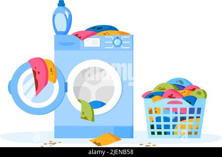 Pile of dirty clothes in laundry basket. Washing machine and liquid detergent bottle. Heap of dirty cloth. Stack of dirty apparel on laundry day. Flat Stock Vector