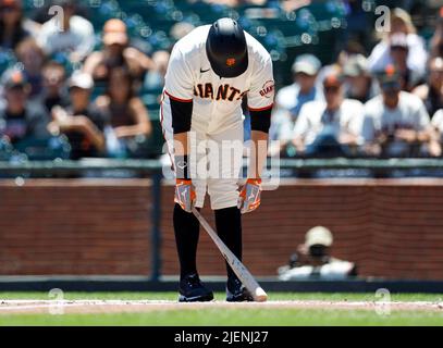San Francisco, United States. 26th June, 2022. San Francisco Giants' Brandon Belt (9) reacts to a called strike out against the Cincinnati Reds in the second inning at Oracle Park in San Francisco, Calif., on Sunday, June 26, 2022. (Photo by Nhat V. Meyer/Bay Area News Group/TNS/Sipa USA) Credit: Sipa USA/Alamy Live News Stock Photo
