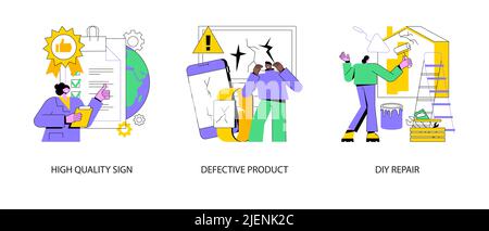 Product quality abstract concept vector illustration set. High quality sign, defective product, DIY repair, ISO certification, broken equipment, repair manual, video tutorial abstract metaphor. Stock Vector