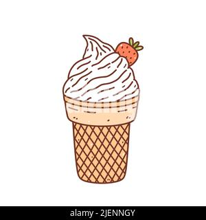 Cute vanilla ice cream with strawberry. Sweet summer dessert isolated on white background. Vector hand-drawn illustration in doodle style. Perfect for holiday designs, cards, decorations, menu, logo Stock Vector