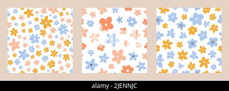 Collection of cute seamless patterns with spring flowers. Vector illustration in hand-drawn flat style. Perfect for print, decorations, wallpaper, wrapping paper, cards. Simple botanical backgrounds. Stock Vector