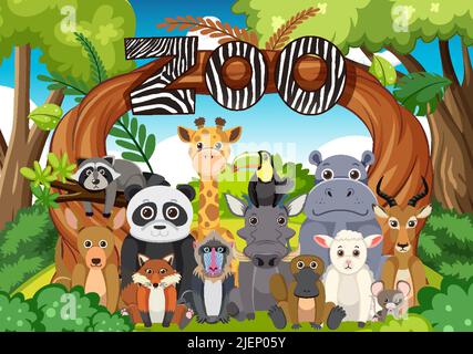 Zoo animals group in flat cartoon style illustration Stock Vector