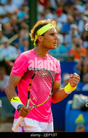 Rafael Nadal, pro tennis player celebrates a victory. Stock Photo