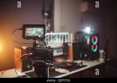 Camera film set on the tripod gear of cinematography Stock Photo