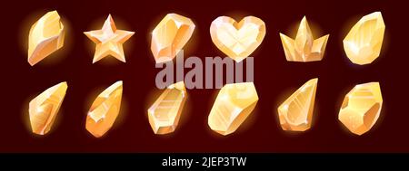 Gold magic crystals, glass or gem stones, heart, star, crown faceted and rough yellow glow rocks, isolated crystalline minerals. Game assets, 2d ui icons, gemstone graphic elements, Cartoon vector set Stock Vector