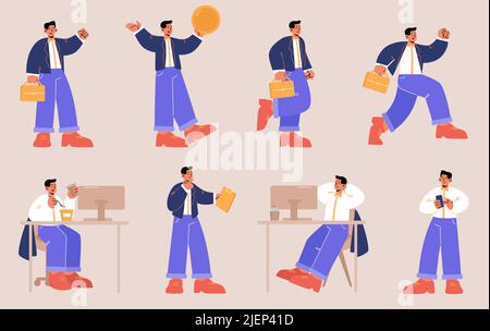 Businessman, office black skin worker poses set. Vector flat illustrations of employee character with briefcase and phone busy at workplace, run, gold coin and thinking isolated on background Stock Vector